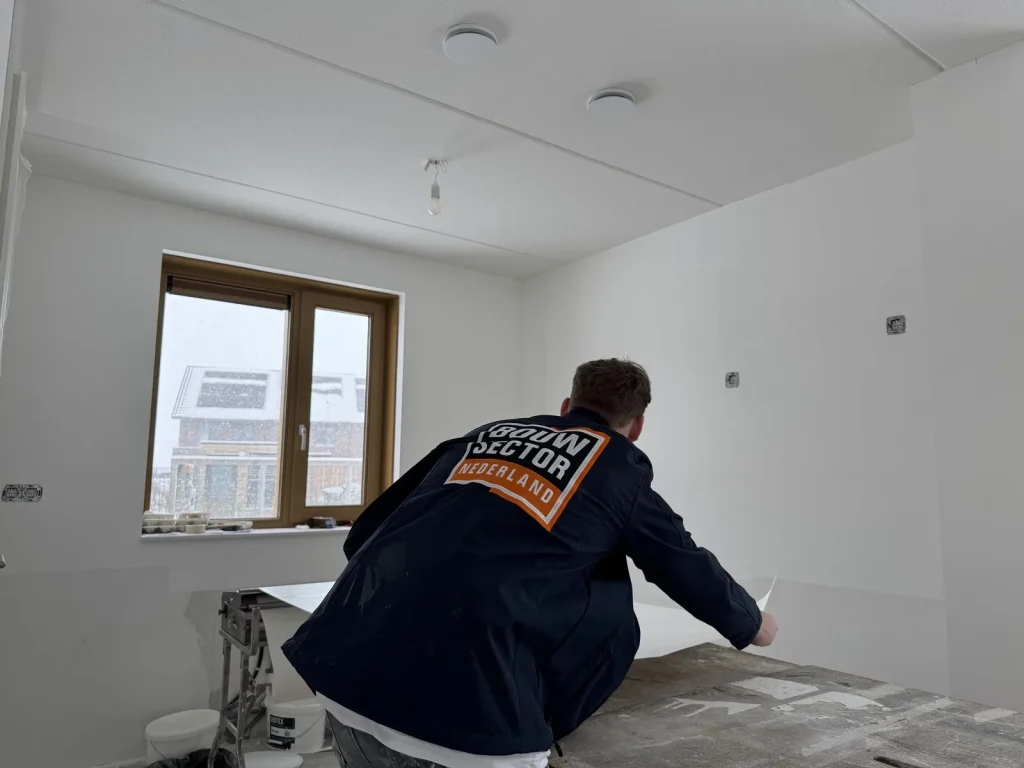 Behanger van Bouwsector Nederland strijkt een baan vlies glad op de plaktafel voor een raam met houten kozijn
