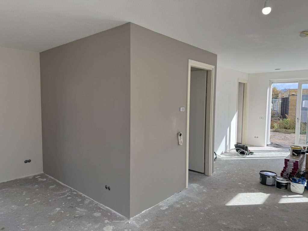 Woonkamer met een grijs gesausde wand rond de meterkast en witte wanden naar de tuindeur