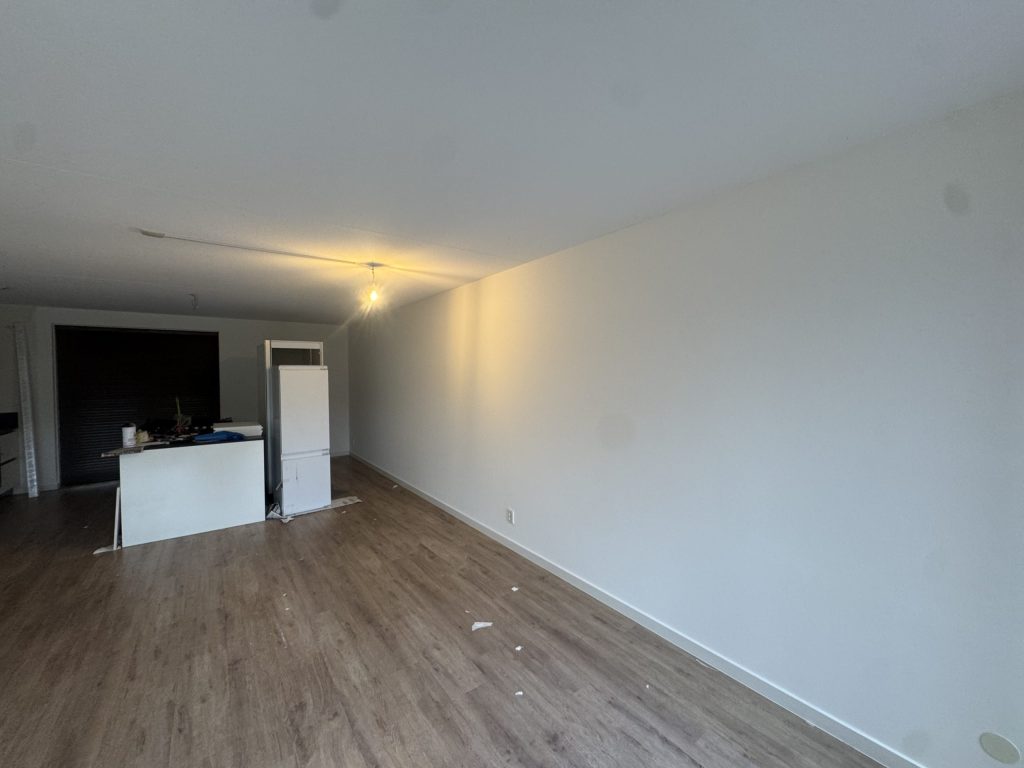 Lange woonkamer met open keuken, houten vloer en een strak afgewerkte witte wand